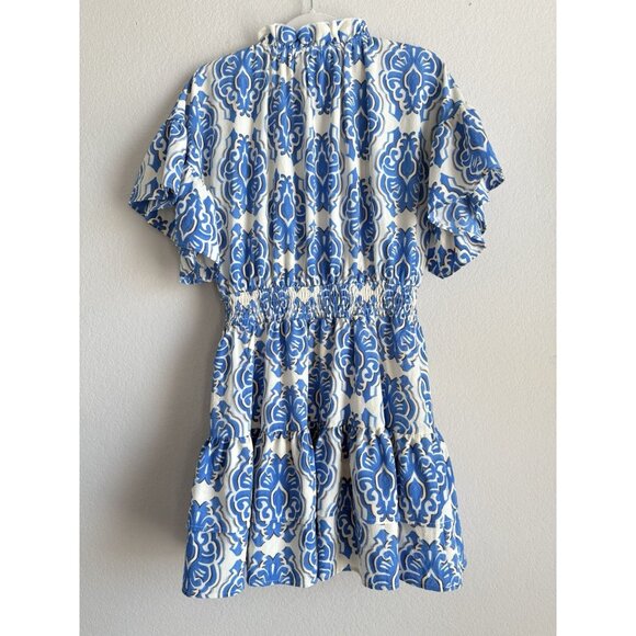 Entro Women’s Dusty Blue Floral Mini Dress Tie Neck Short Sleeve Size Large Boho - Picture 10 of 16